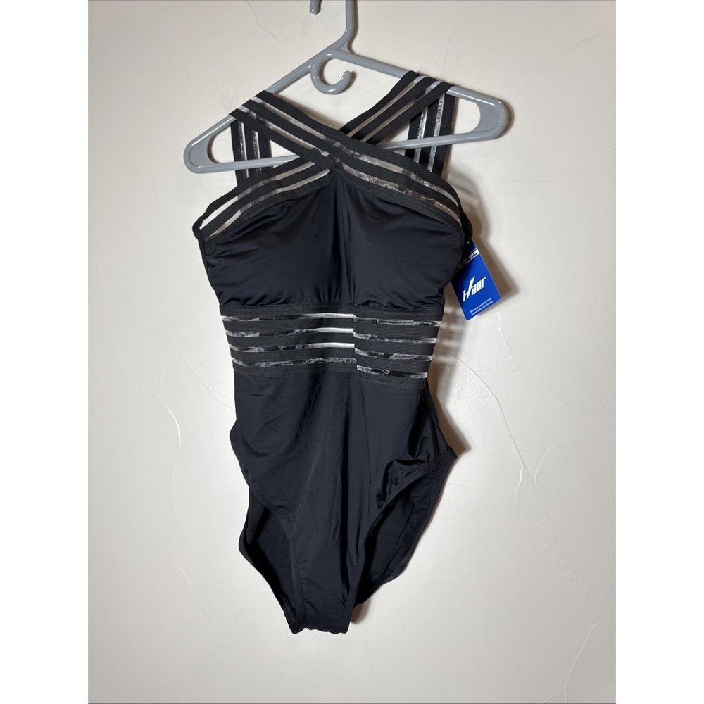 Hilor Swimsuit Womens‎ Large 10/12 One Piece Black With See Thru Stripes New
